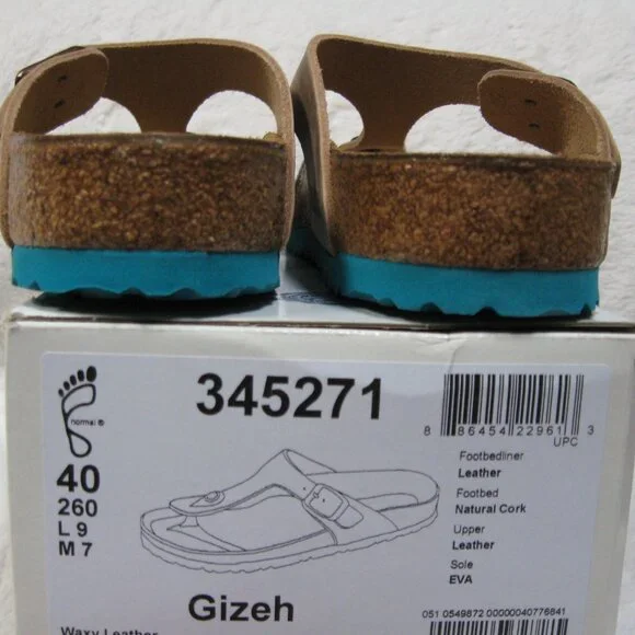 Birkenstock GIZEH Waxy Leather Tobacco Brown w/ Aqua Sole. 40 R US W 9 M 7 - Picture 6 of 13